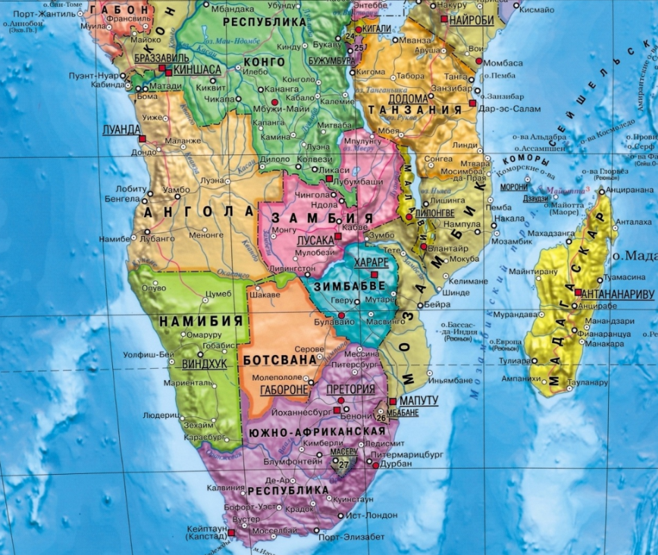 Подробная карта Южной части Африки